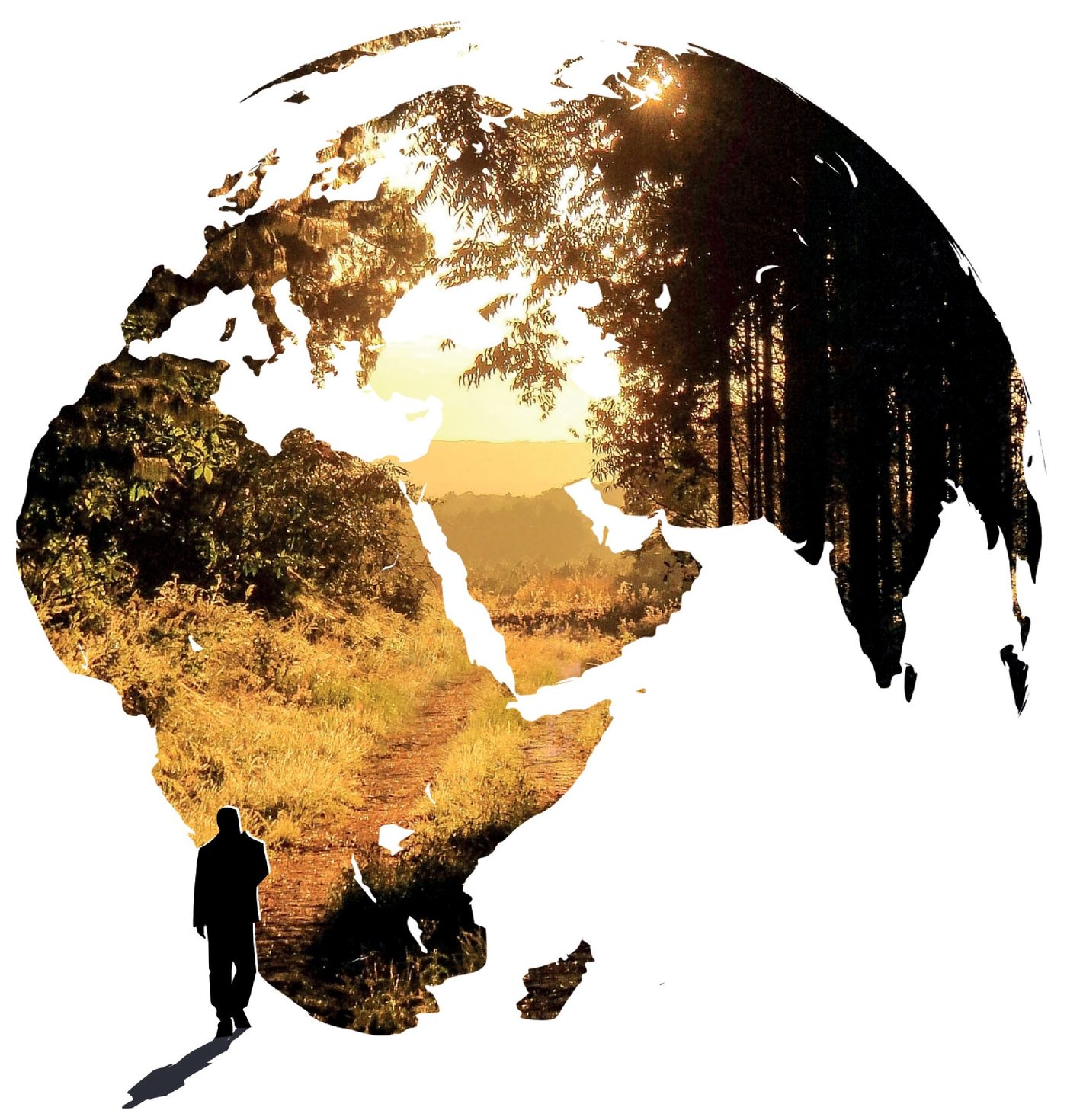 Globe filled with a sunset landscape, a traveler walking along the path